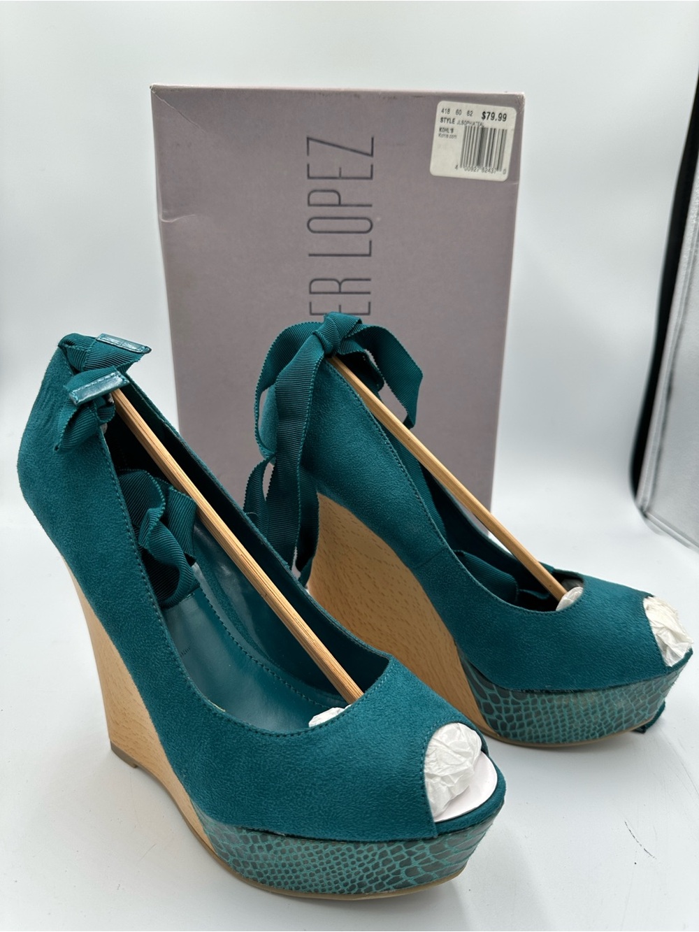 Jennifer Lopez Size 6.5 Teal Suede Peep-Toe Wedge Heels with Ribbon Ankle Tie